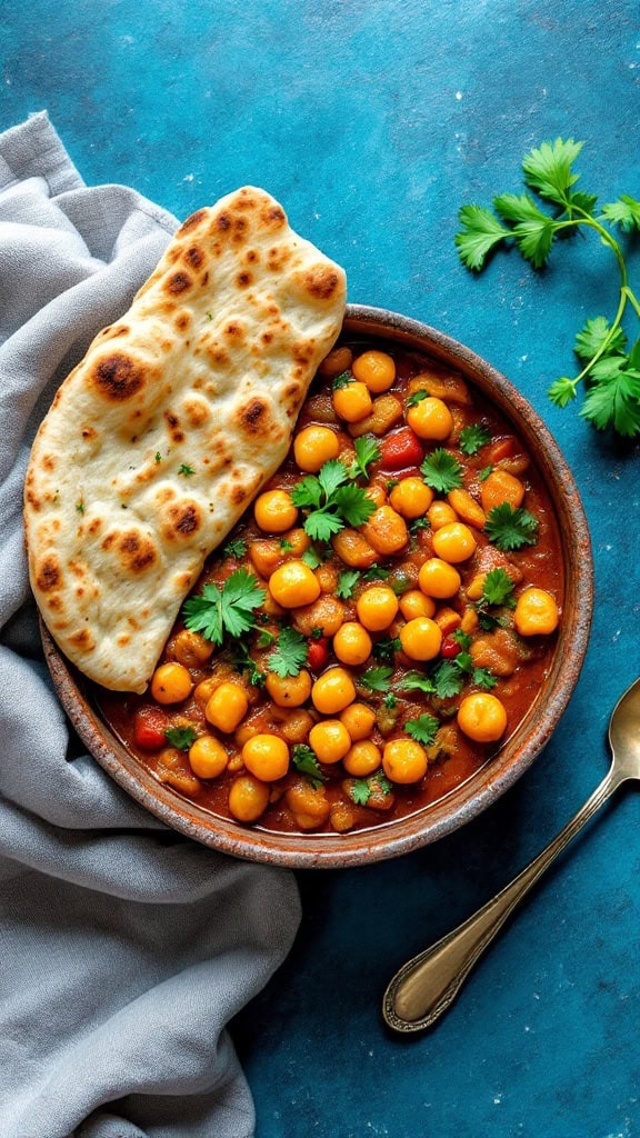 A bowl of vegetable and chickpea curry with naan and fresh cilantro on a blue background.