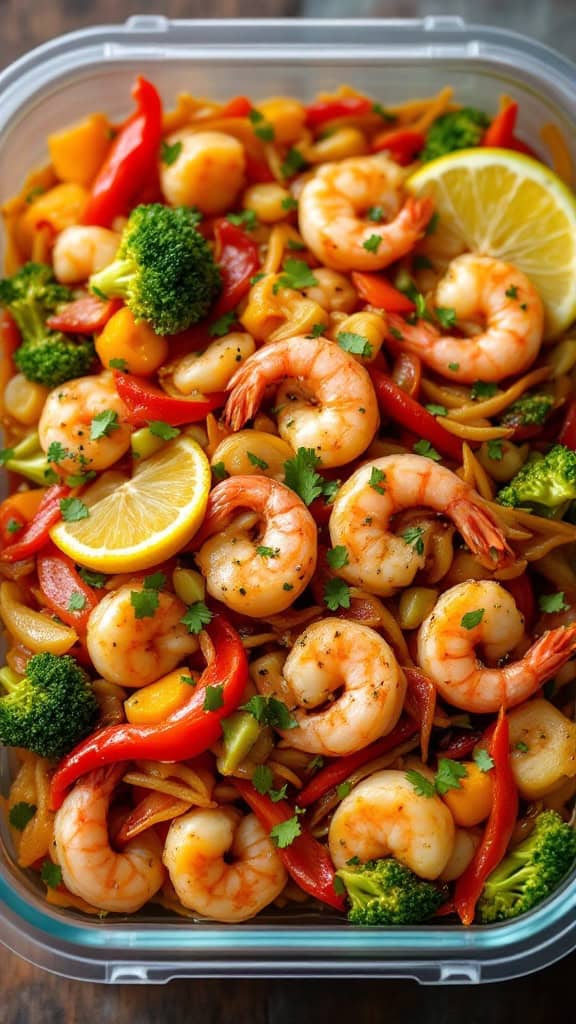 A vibrant vegetable and seafood stir fry with shrimp, bell peppers, and tomatoes in a container.