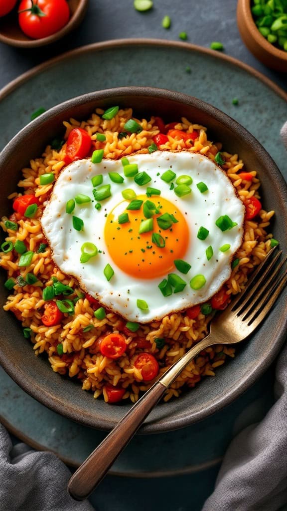 A bowl of vegetable fried rice topped with a fried egg and green onions