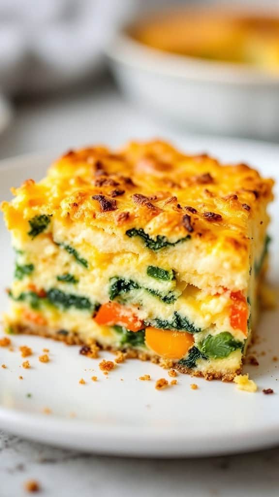A slice of vegetable kugel showcasing vibrant layers of spinach, carrots, and yellow peppers.