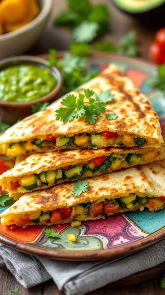 Three vegetable quesadillas stacked on a colorful plate with salsa verde in a bowl.