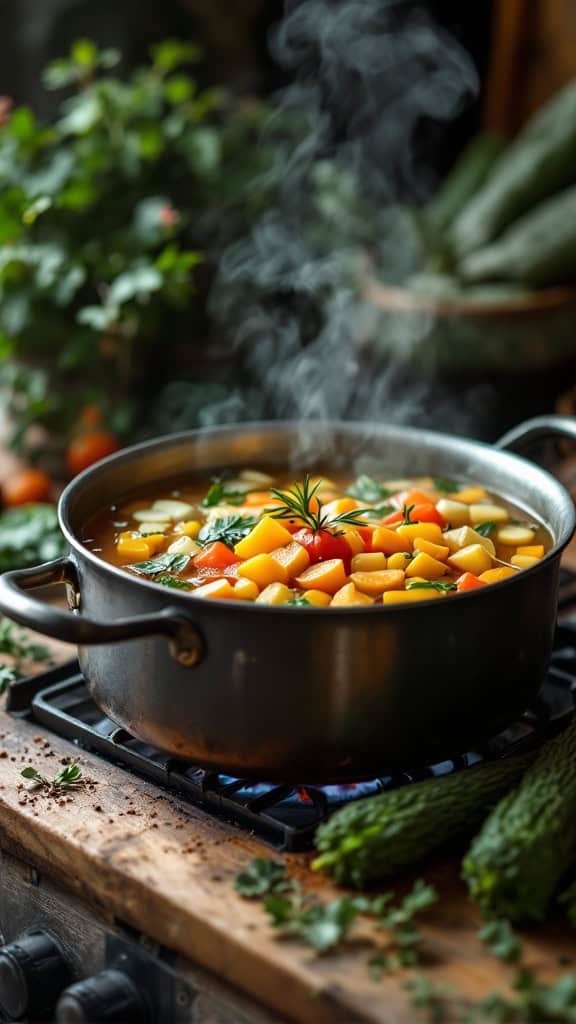 A pot of vegetable broth simmering with colorful chunks of vegetables and herbs.