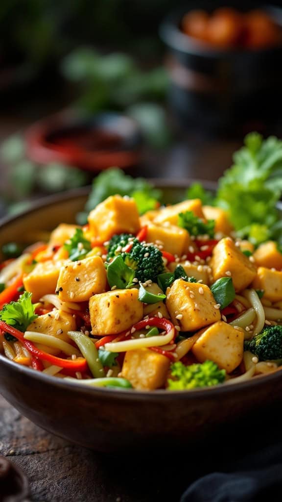 A colorful vegetable stir-fry with tofu, featuring broccoli, red peppers, and garnished with herbs.
