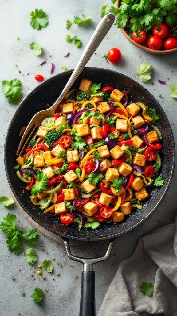 A vibrant vegetable stir-fry featuring tofu, colorful bell peppers, broccoli, and cherry tomatoes in a frying pan.