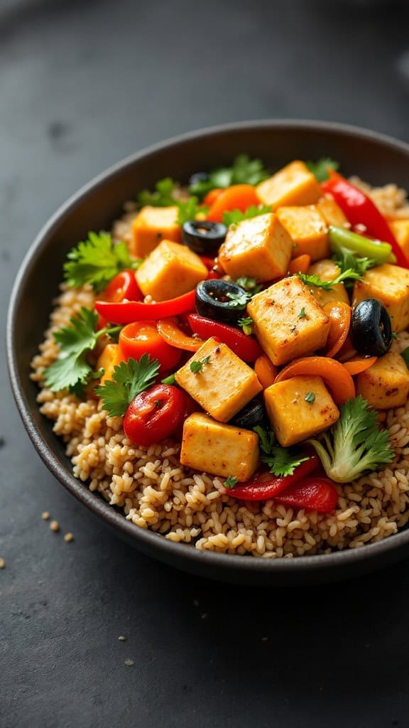 A bowl of vegetable stir-fry with tofu, featuring bell peppers, cherry tomatoes, and cilantro over brown rice.