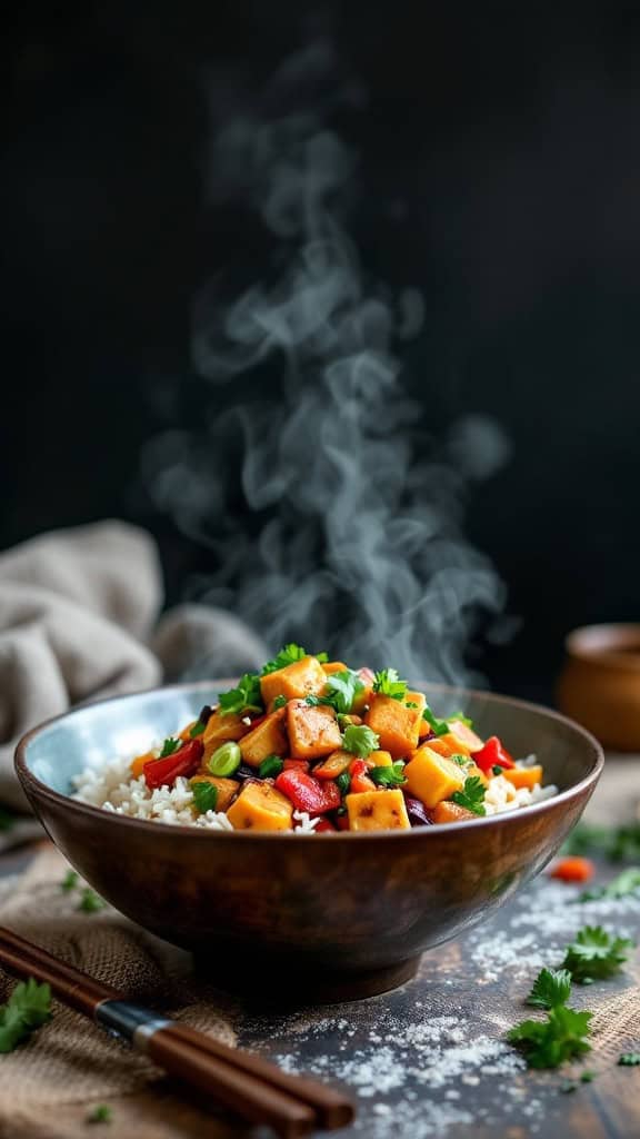 A bowl of vegetable stir-fry with tofu and rice, garnished with fresh herbs, on a textured surface.
