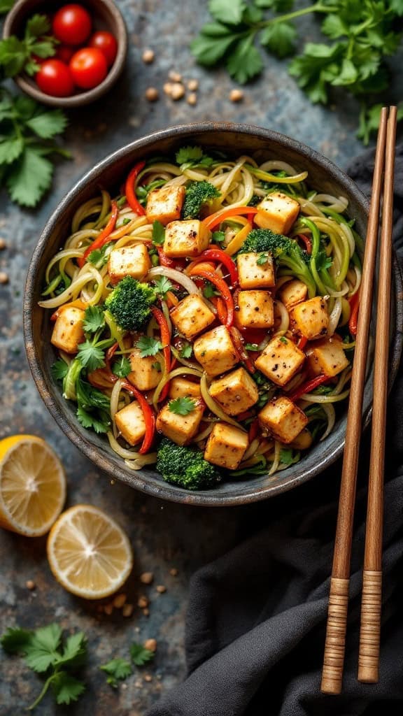 A colorful bowl of vegetable stir-fry with tofu, featuring broccoli, bell peppers, and noodles, garnished with cilantro, lemon slices, and cherry tomatoes.
