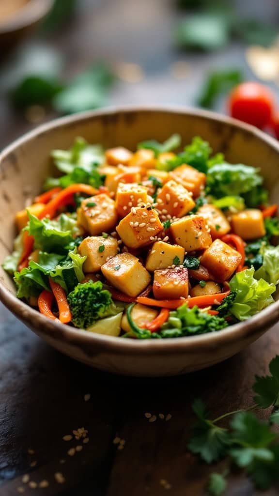 A bowl of vegetable stir-fry with tofu, featuring vibrant greens and orange bell peppers.