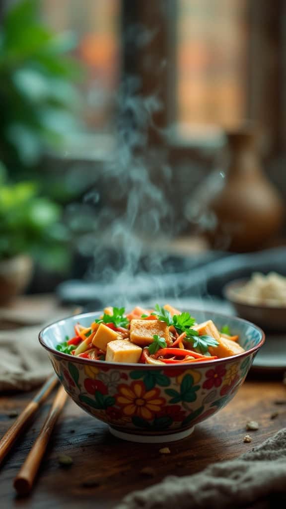A steamy bowl of vegetable stir-fry with tofu, featuring colorful vegetables and garnished with parsley.