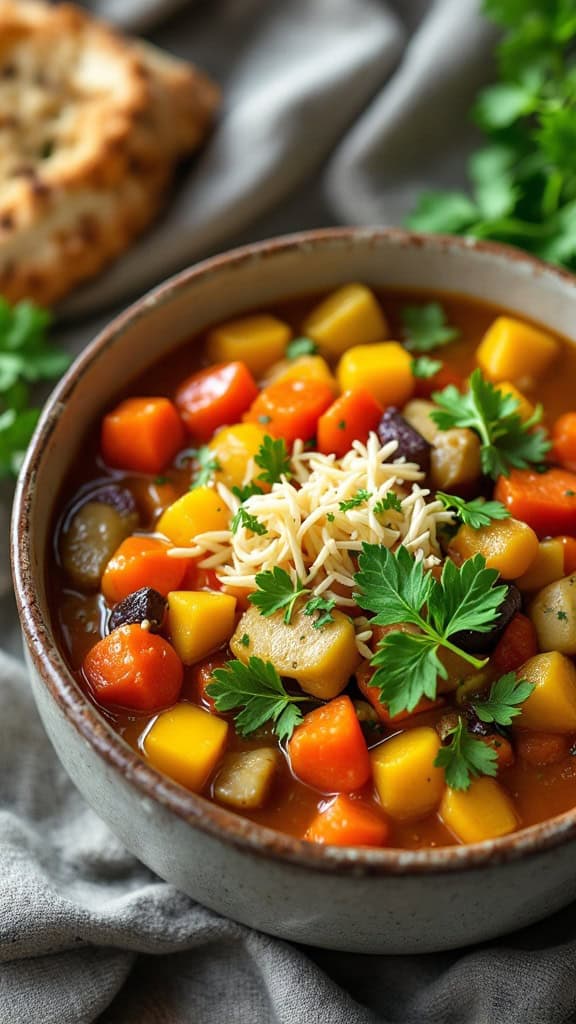 A bowl of vegetarian Irish stew with colorful vegetables and herbs on top.