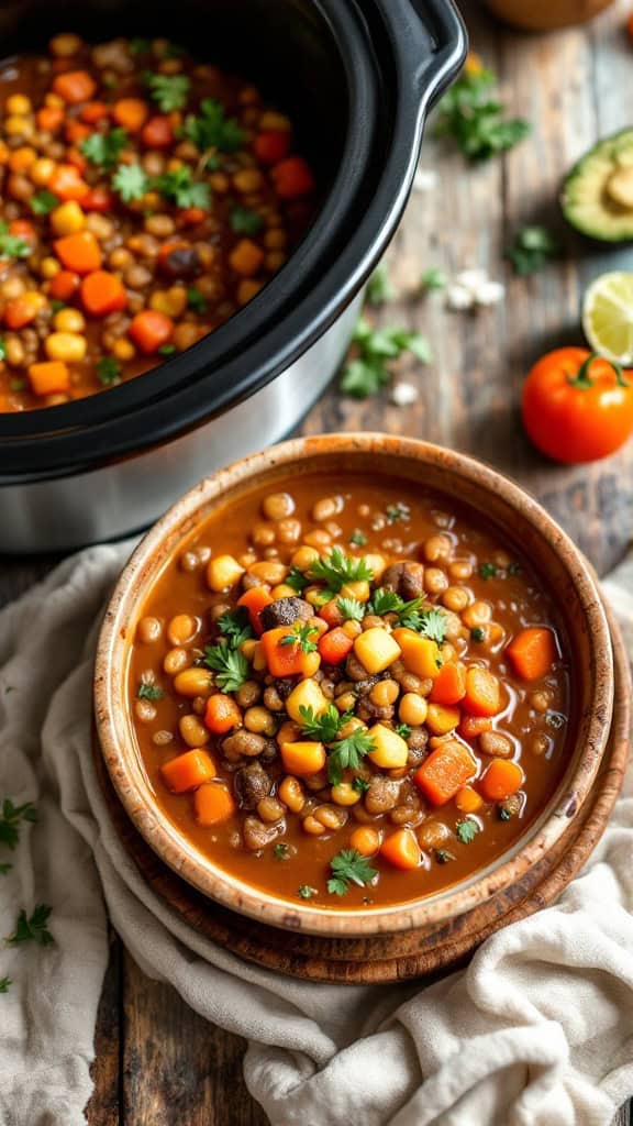 A bowl of hearty vegetarian lentil soup garnished with fresh herbs and surrounded by a slow cooker and ingredients.