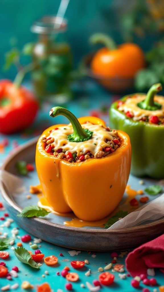 Vegetarian stuffed peppers filled with cheese and vegetables on a plate
