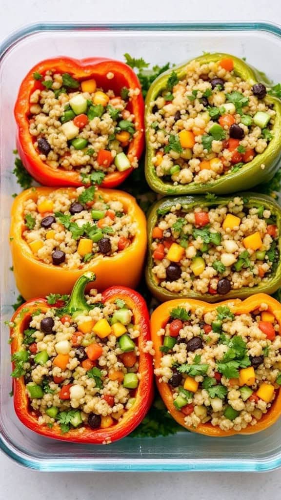A tray of colorful bell peppers stuffed with grains and vegetables.