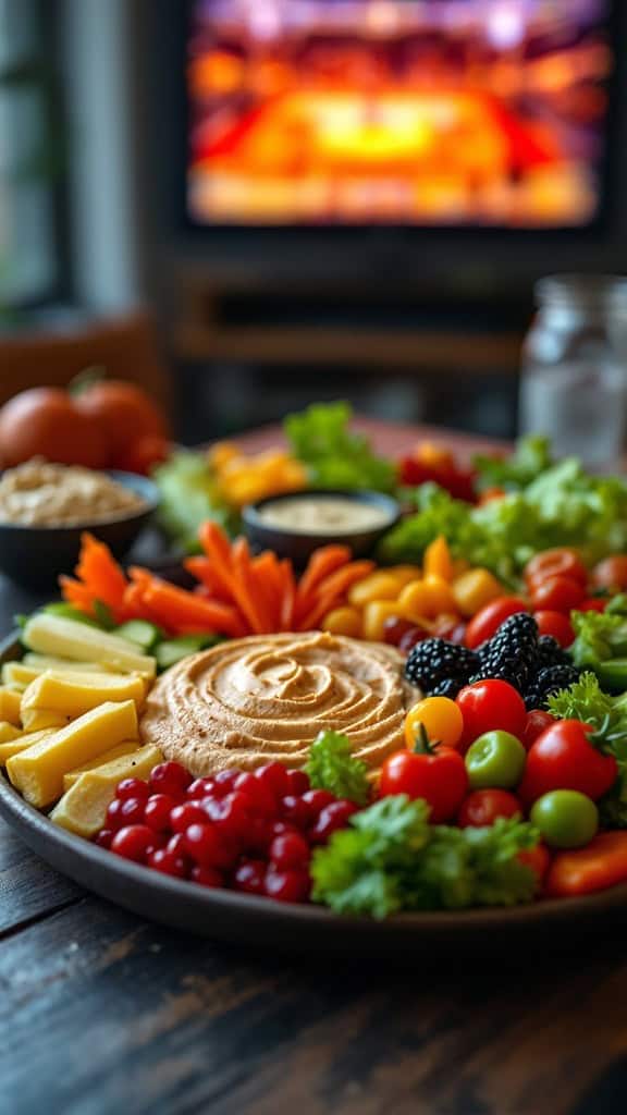 A colorful veggie platter with hummus in the center, perfect for a healthy snack.