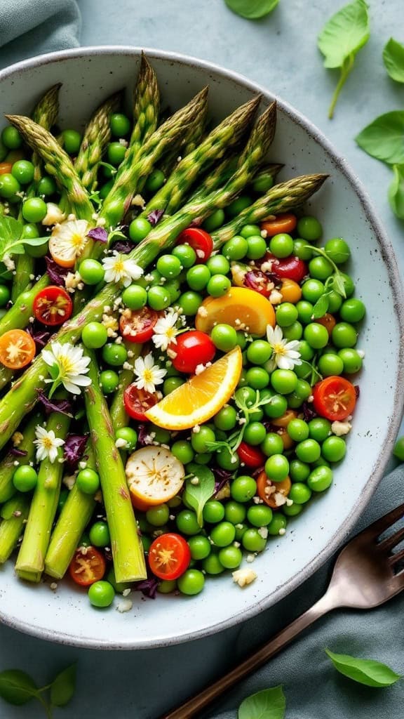 A vibrant salad featuring asparagus, peas, and cherry tomatoes in a bowl.