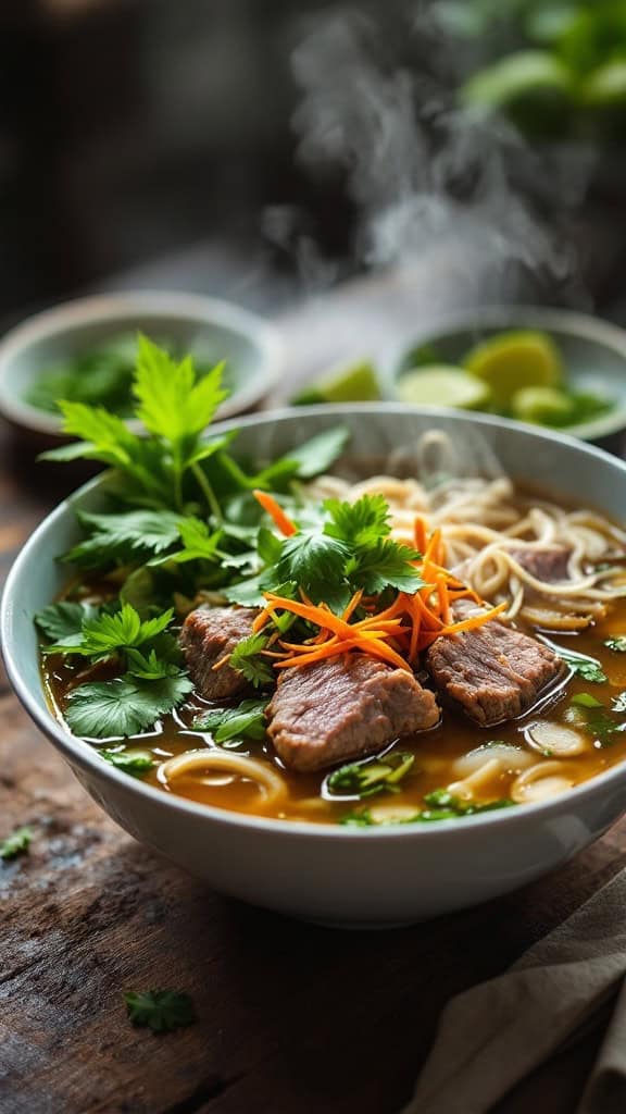 A bowl of Vietnamese pho with beef, garnished with fresh herbs and lime on a wooden table.