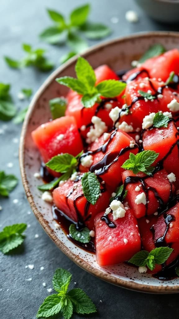 A plate of watermelon salad topped with feta cheese and mint leaves
