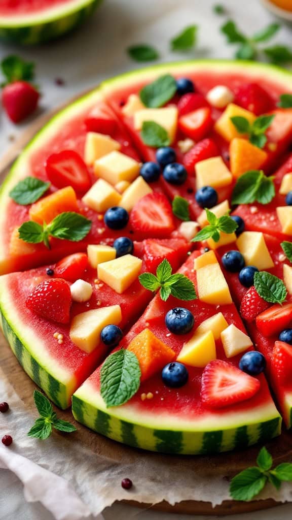 A vibrant watermelon fruit pizza topped with strawberries, blueberries, cantaloupe, and mint leaves, sliced and ready to serve.