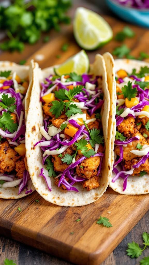 Three chicken tacos topped with cabbage slaw and garnished with cilantro