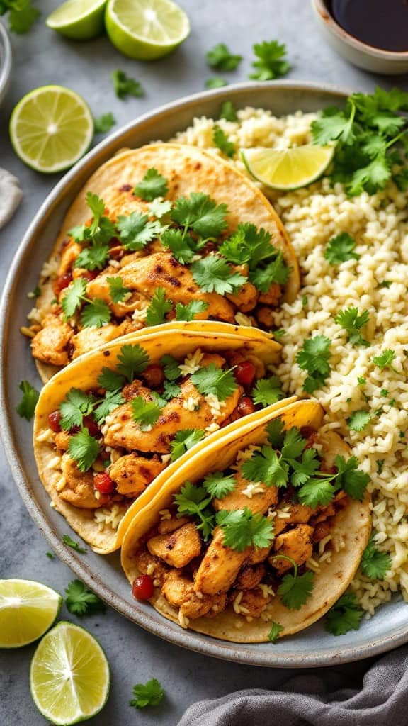 A plate of zesty chicken tacos topped with fresh cilantro served with cilantro lime rice and lime wedges.