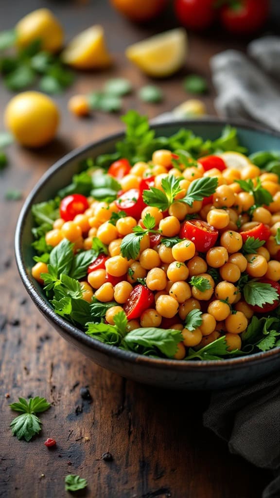 A bowl of chickpea salad with tomatoes and herbs, garnished with lemon slices.