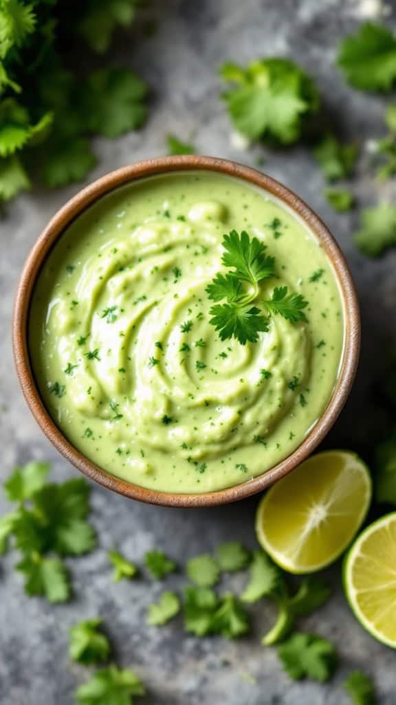 A bowl of creamy cilantro lime dressing garnished with a sprig of cilantro, surrounded by fresh cilantro leaves and lime halves.