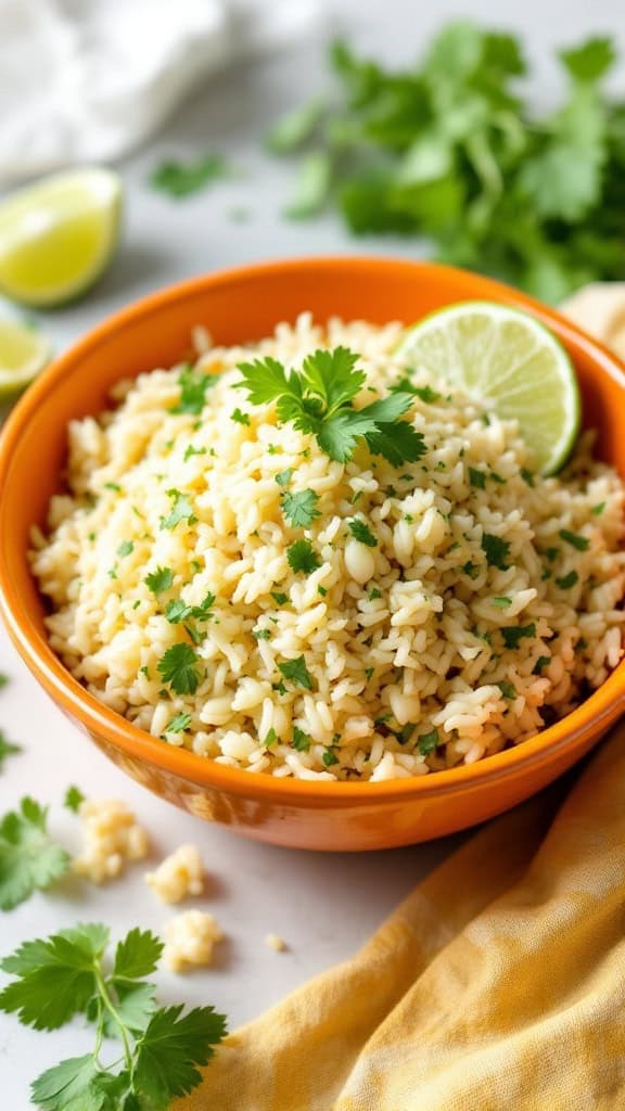 A bowl of cilantro lime rice garnished with lime slices and cilantro.