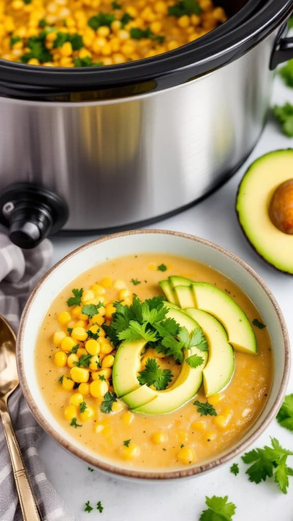 Bowl of zesty corn chowder topped with avocado slices and fresh cilantro, with a crockpot in the background.