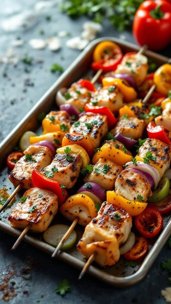 Grilled fish skewers with colorful bell peppers and onions on a tray.