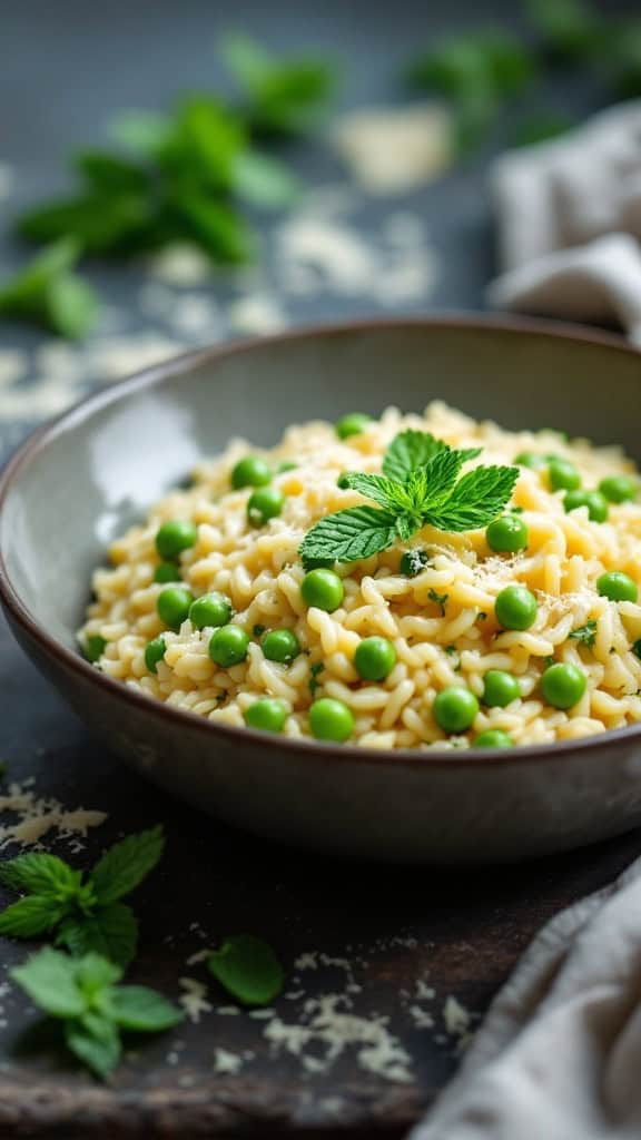 A bowl of green pea and mint risotto topped with fresh mint leaves.
