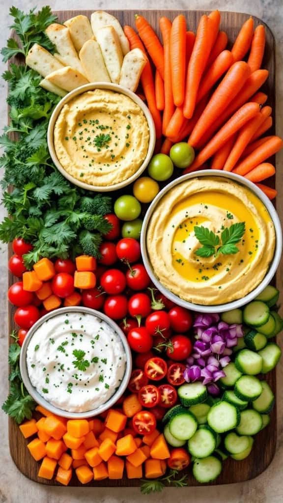 A vibrant platter of fresh vegetables and hummus