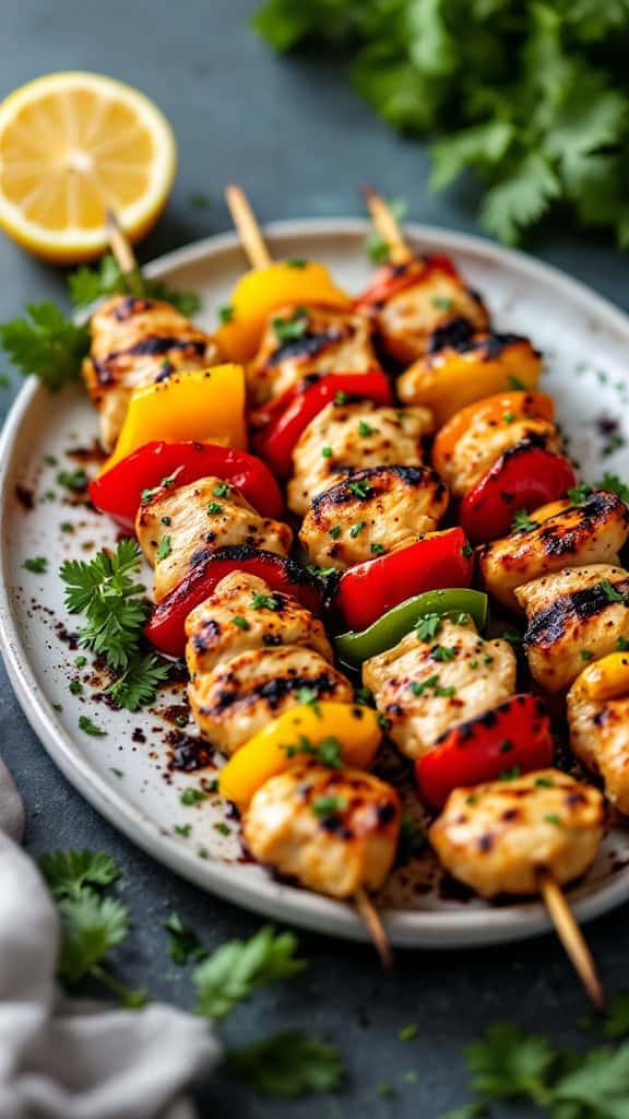 Plate of grilled lemon herb chicken skewers with colorful bell peppers and fresh herbs