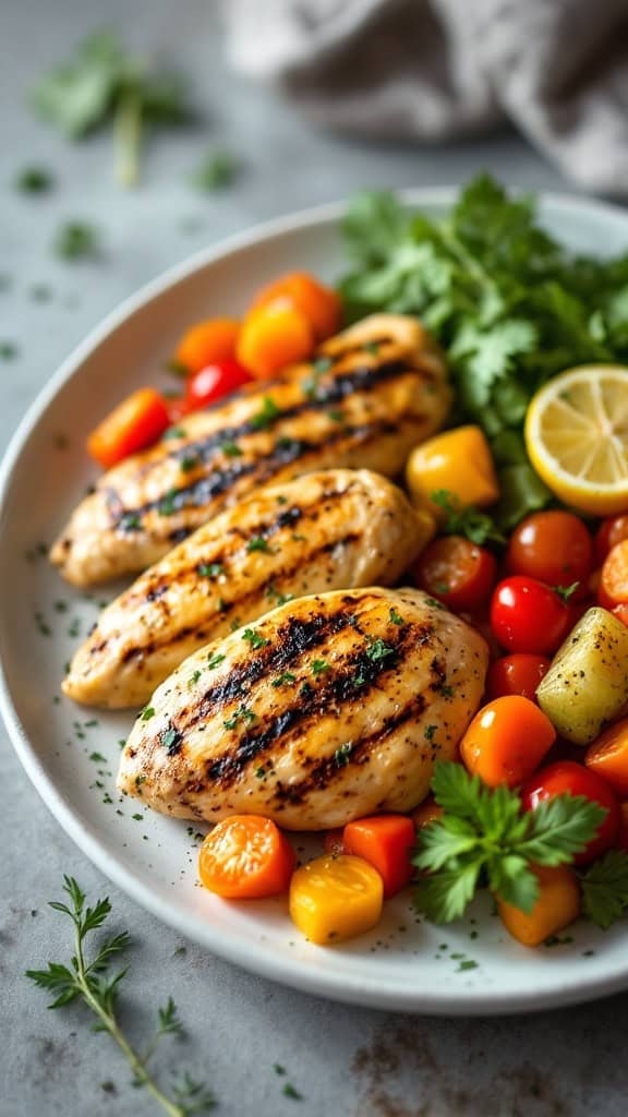 Grilled chicken breasts with colorful cherry tomatoes and herbs on a plate.