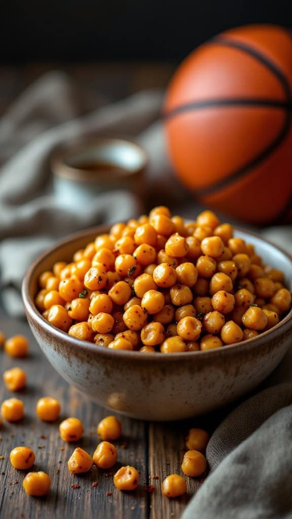 A bowl of zesty roasted chickpeas with a basketball in the background.