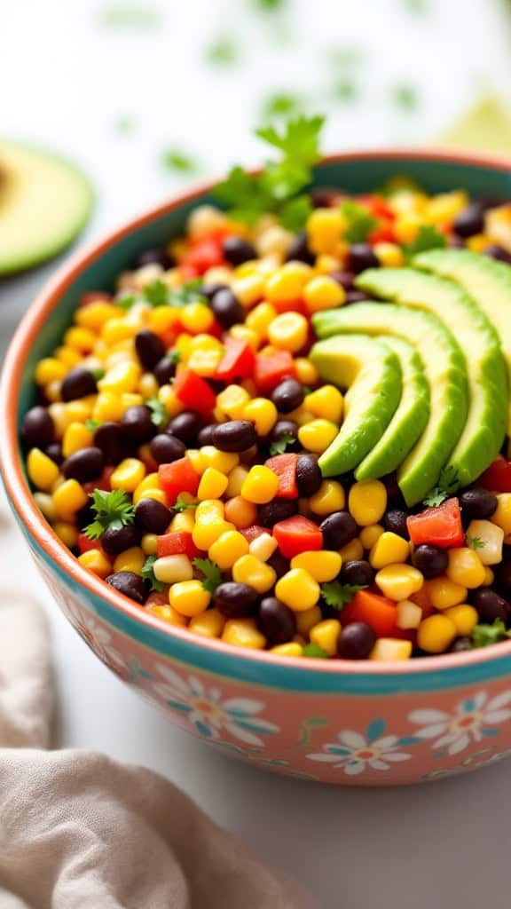 A colorful salad with corn, black beans, and avocado in a bowl.