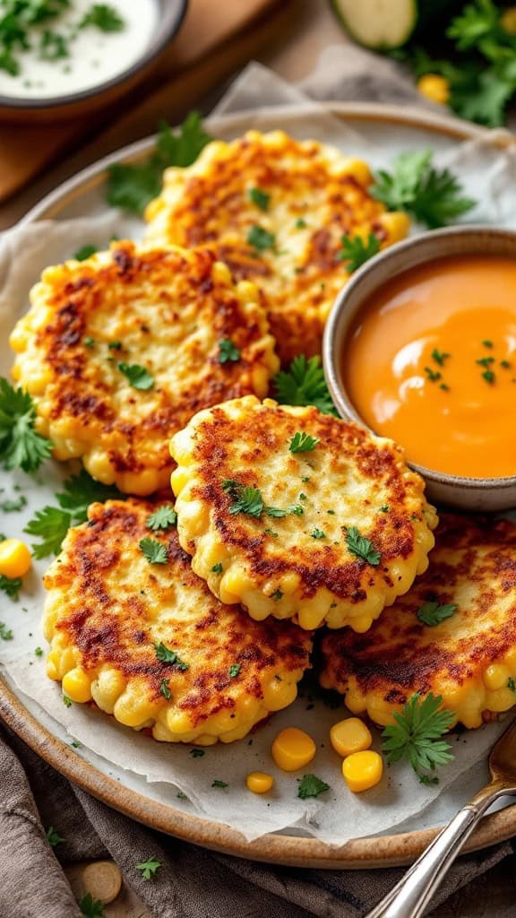 A plate of golden zucchini and corn fritters garnished with herbs and accompanied by a dipping sauce