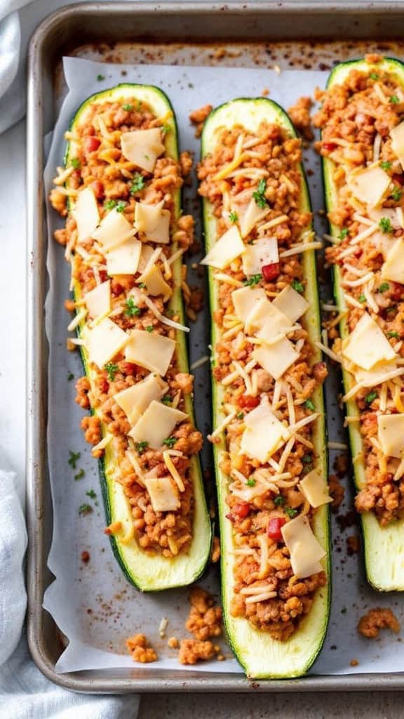 Zucchini boat tacos filled with ground turkey and cheese