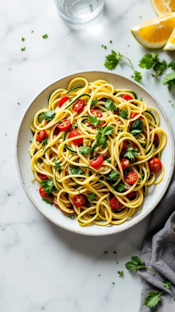 A plate of zucchini noodle primavera with cherry tomatoes and herbs.