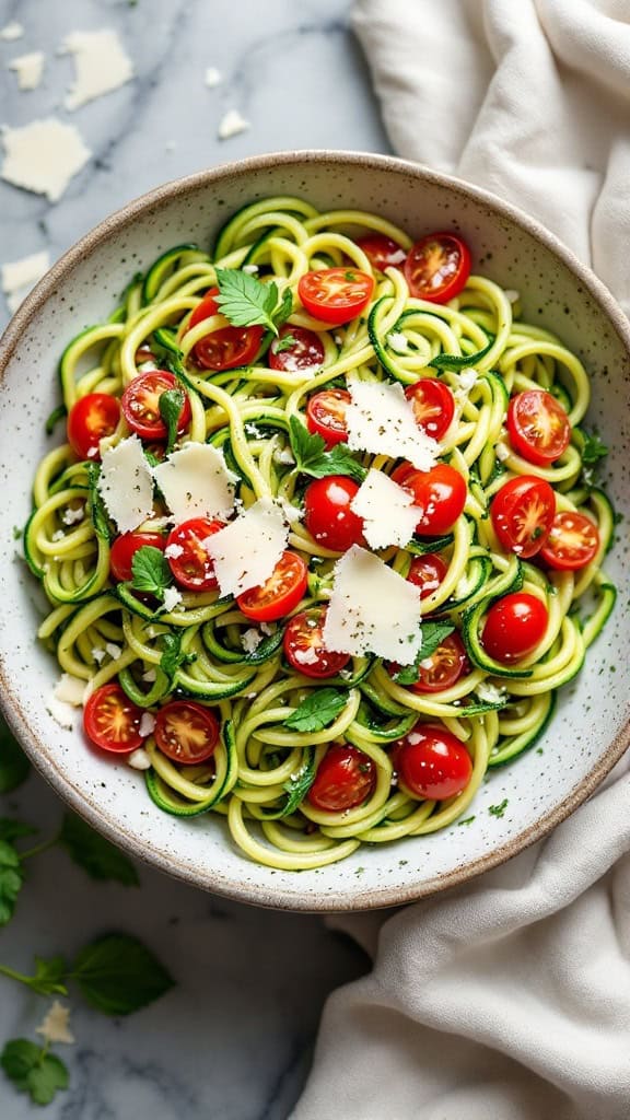 A bowl of zucchini noodle salad topped with cherry tomatoes, cheese shavings, and fresh herbs.
