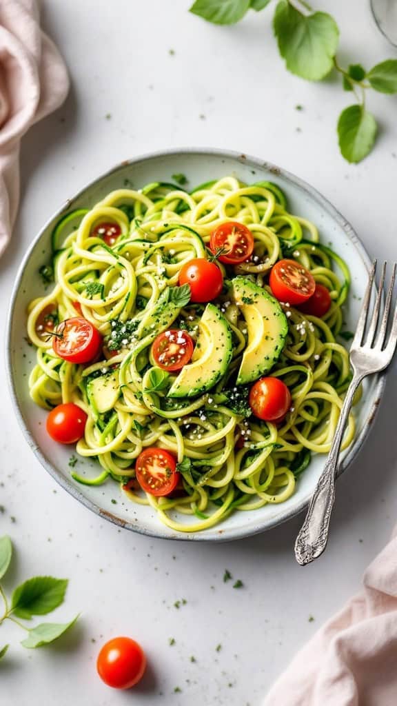 A bowl of zucchini noodles topped with avocado pesto and cherry tomatoes.