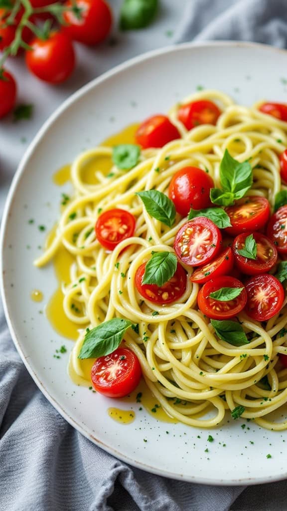 A plate of zucchini noodles topped with cherry tomatoes and basil