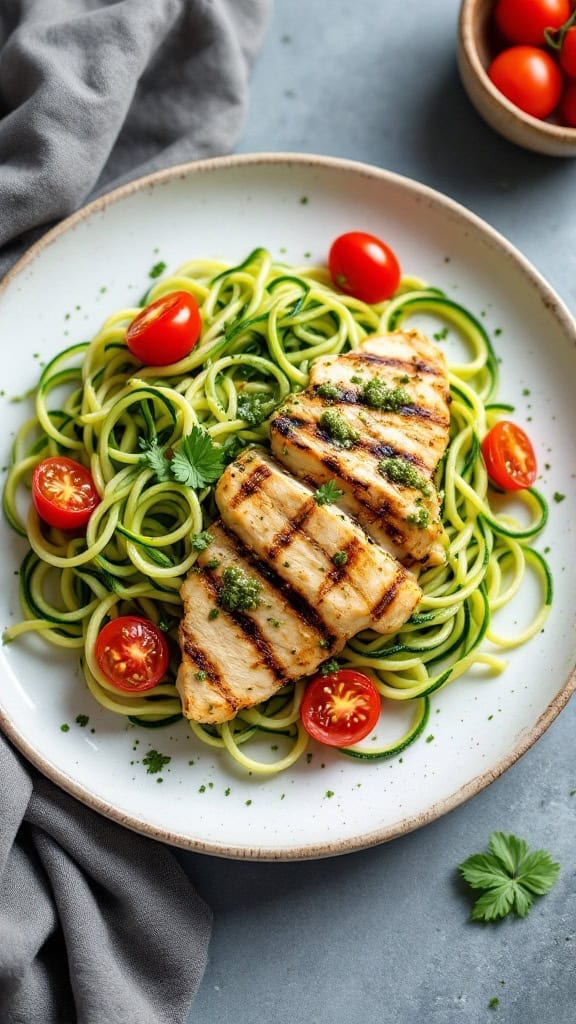A plate of zucchini noodles topped with grilled chicken, pesto, and cherry tomatoes