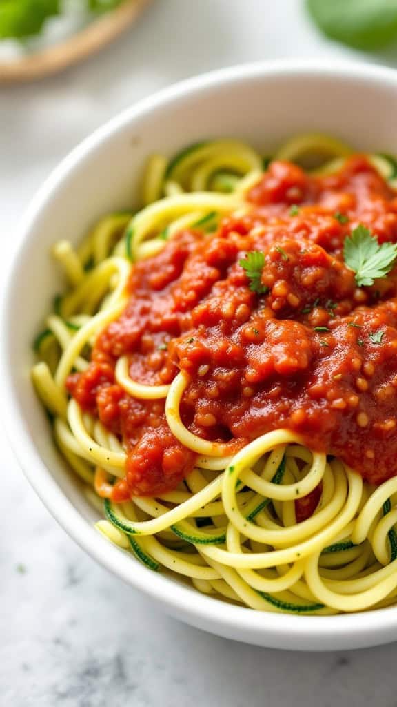 A bowl of zucchini noodles topped with marinara sauce and fresh herbs.