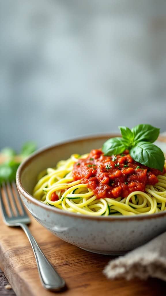 A bowl of zucchini noodles topped with marinara sauce and basil.