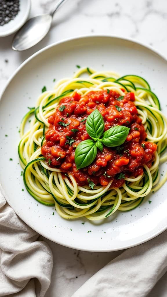 A plate of zucchini noodles topped with marinara sauce and fresh basil
