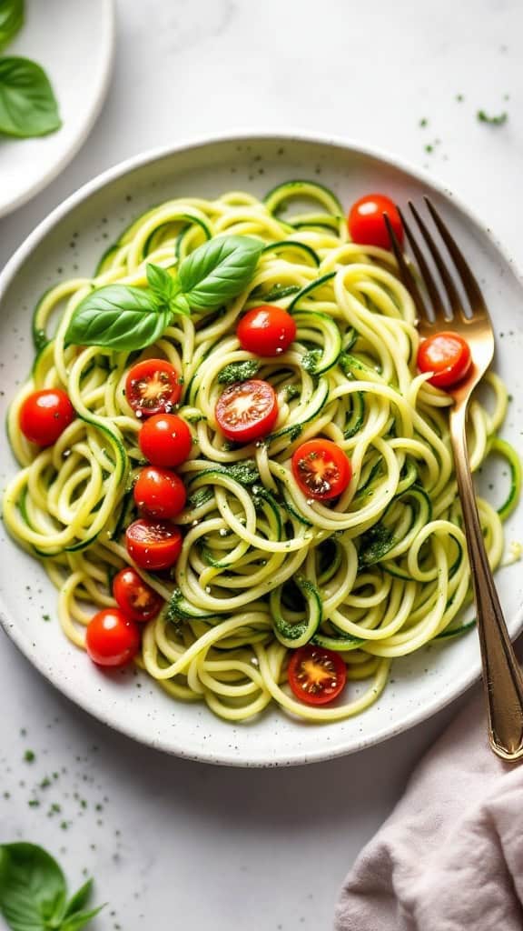 A plate of zucchini noodles topped with pesto, cherry tomatoes, and fresh basil.