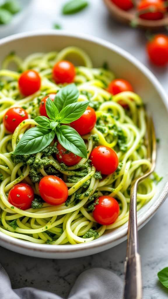 A bowl of zucchini noodles topped with pesto and cherry tomatoes garnished with fresh basil.