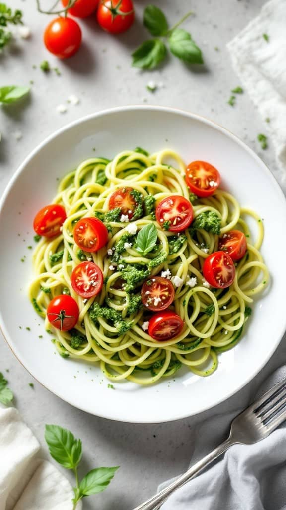 A bowl of zucchini noodles topped with pesto and cherry tomatoes.