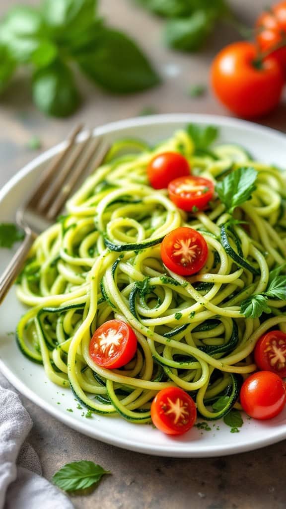A plate of zucchini noodles topped with pesto and cherry tomatoes, garnished with basil.
