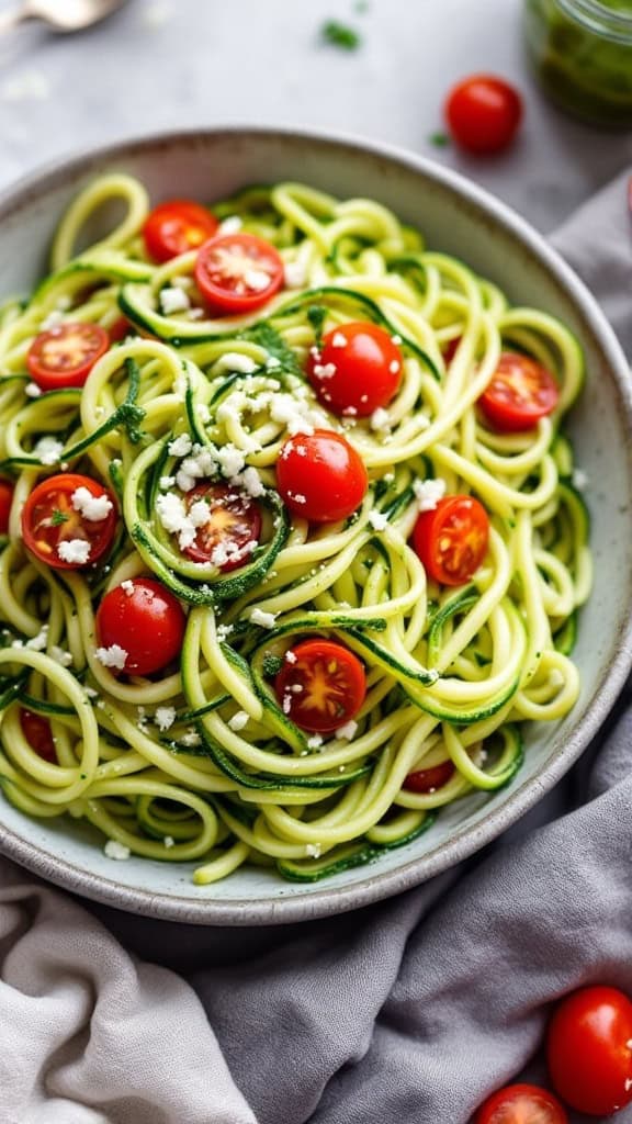 A bowl of zucchini noodles topped with cherry tomatoes and pesto.